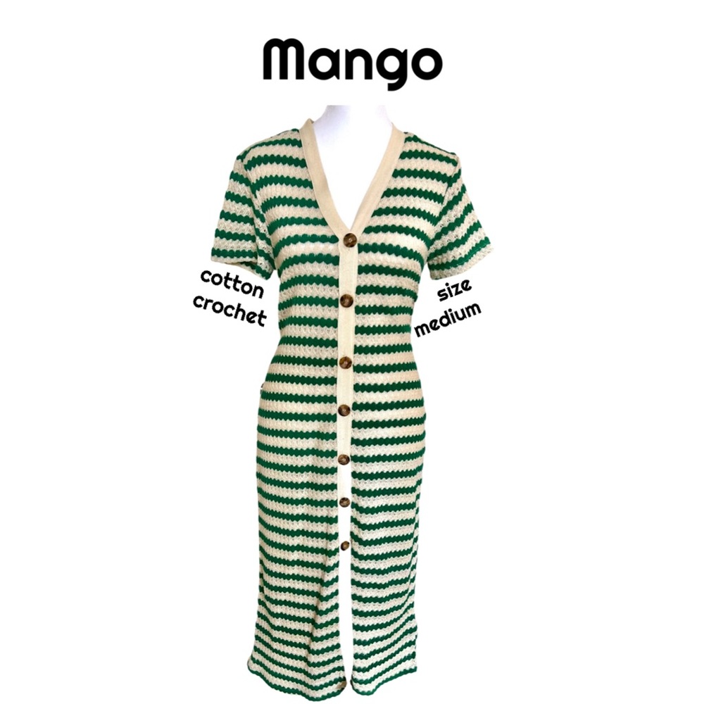 Mango MNG Crochet Cotton Green and Cream Striped Fitted Midi Dress
